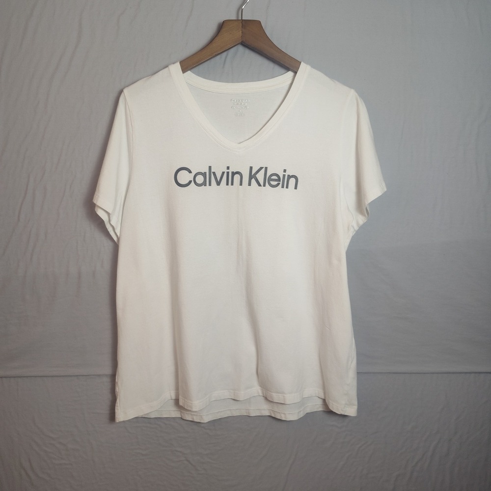 Calvin Klein Performance Womens 1X White V-Neck Logo Stretch T-Shirt C1191